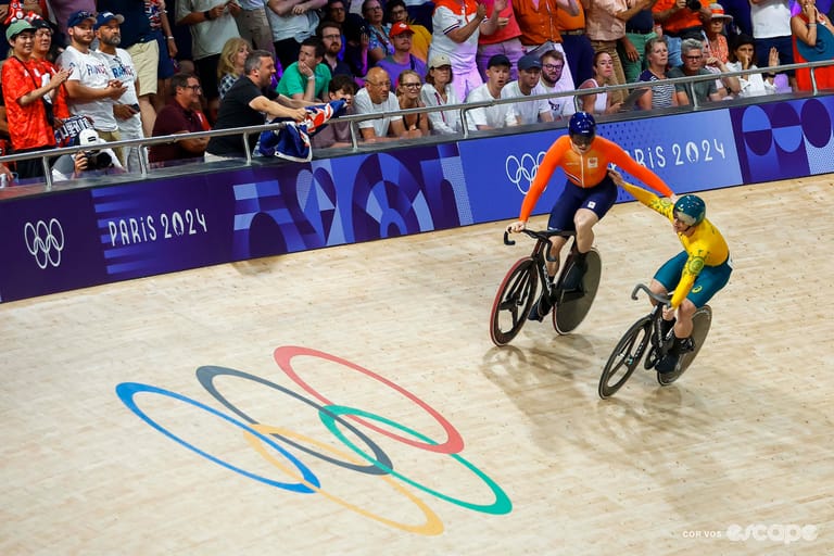 Harrie Lavreysen and Matthew Richardson pat one another on the back after their sprint final at the 2024 Paris Olympics, the 