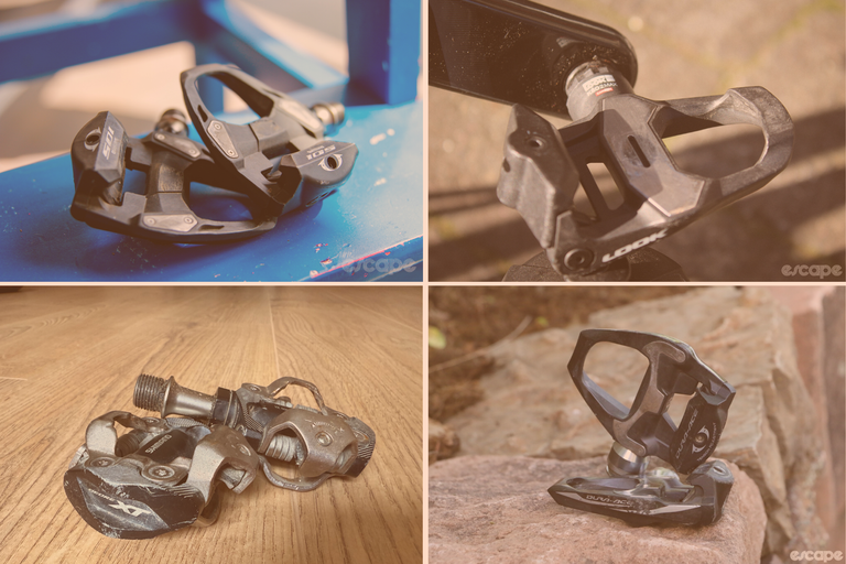 four pedals in a collage, shimano 105, look keo blade max, shimano 8100 and shimano dura-ace
